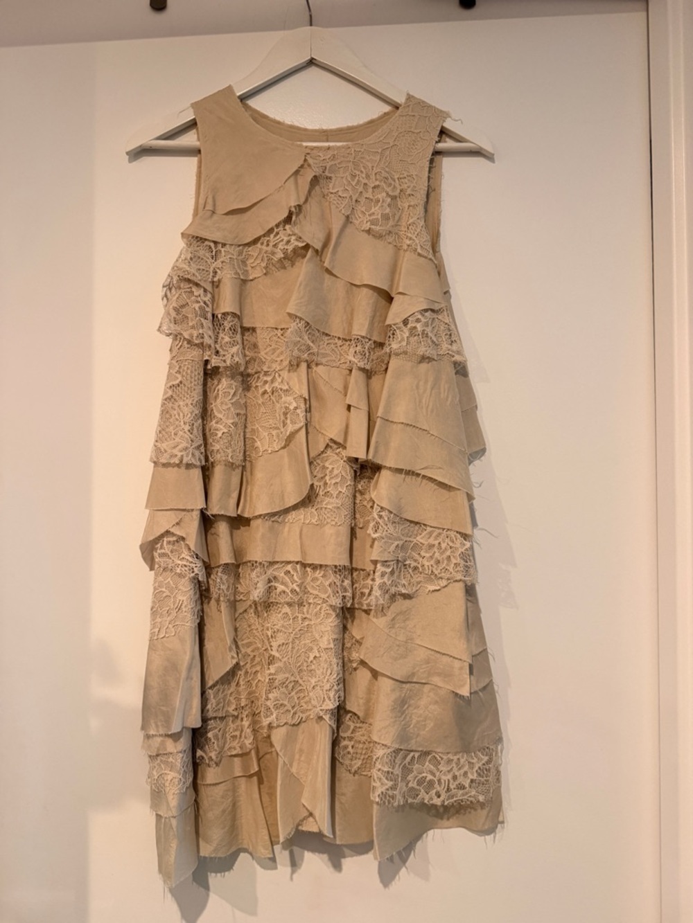 Zara Beige silk blend Lace Tiered Ruffle Midi Dress size XS